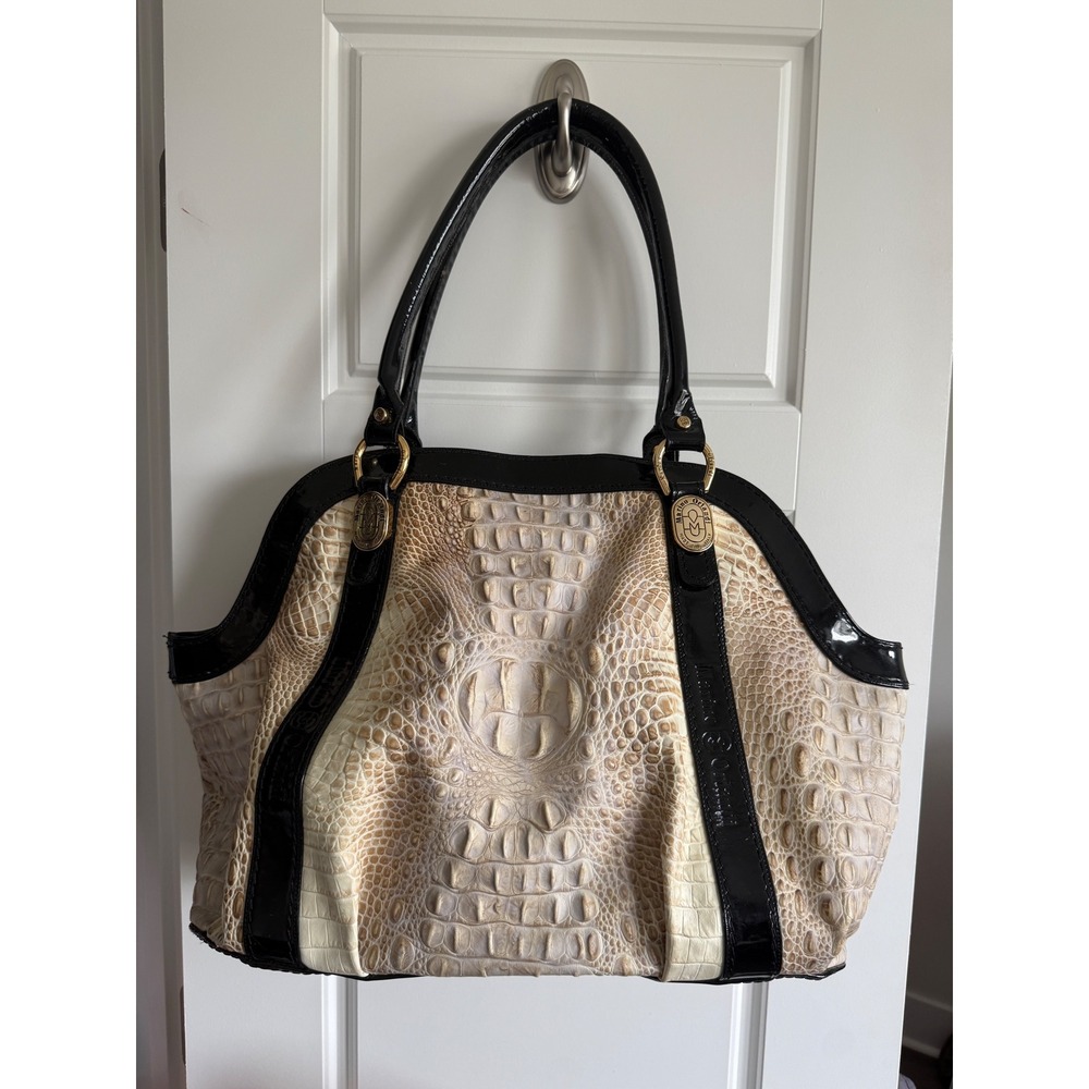 Marino Orlandi Italian Leather Croc Embossed Satchel Bag Cream Black Patent Trim